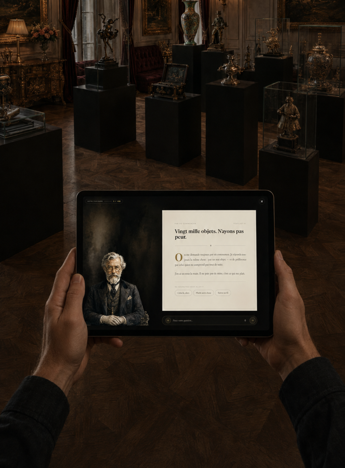 Tablette présentant l'interface du Conservateur dans un salon d'exposition