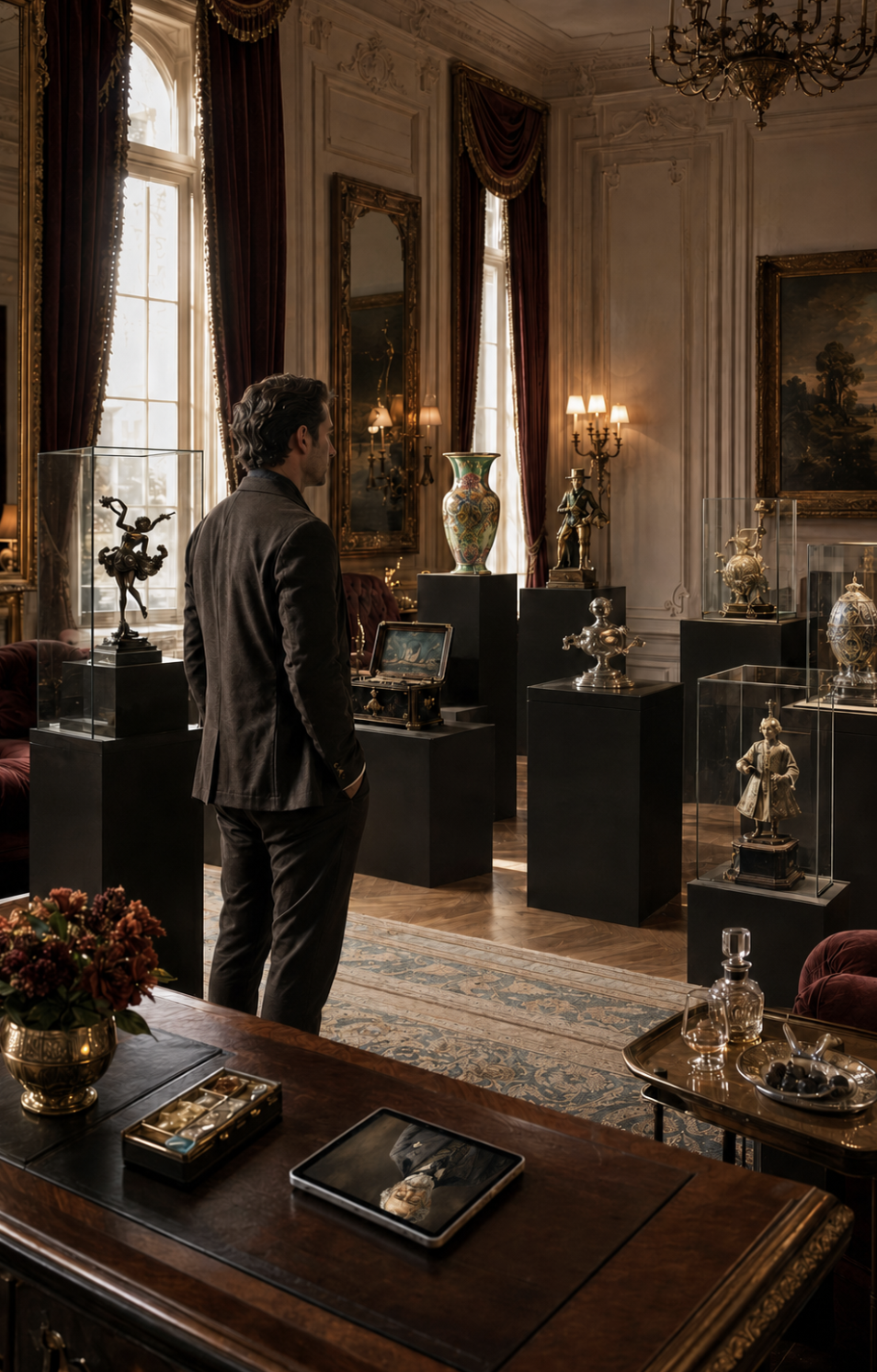 Salon d'hôtel avec vitrines et automates de la collection, un invité contemplant les pièces