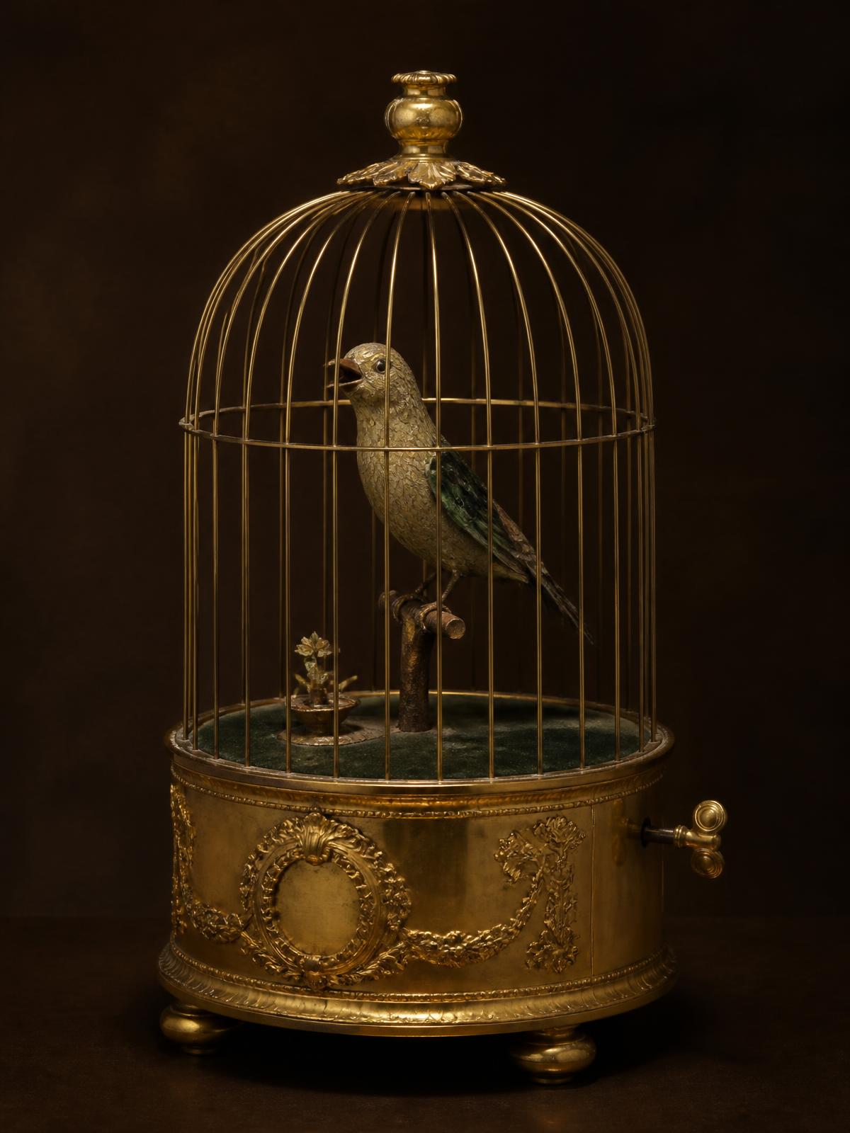 Oiseau chanteur mécanique dans sa cage dorée