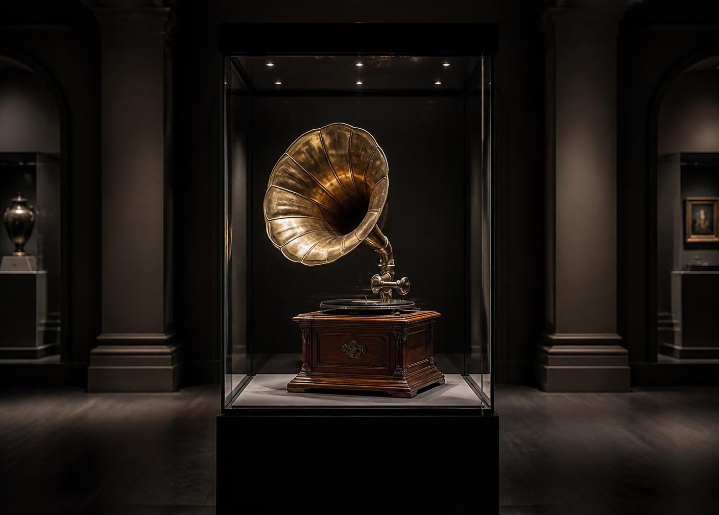 Vitrine de musée présentant un phonographe ancien